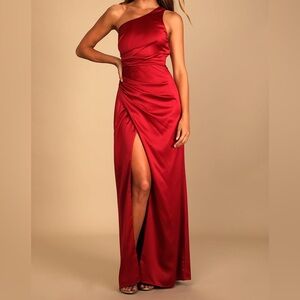 Wine Red Satin One-Shoulder Maxi Dress